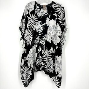 Chico's Kimono Tropical Black White Hibiscus Floral Hawaiian Small - Medium